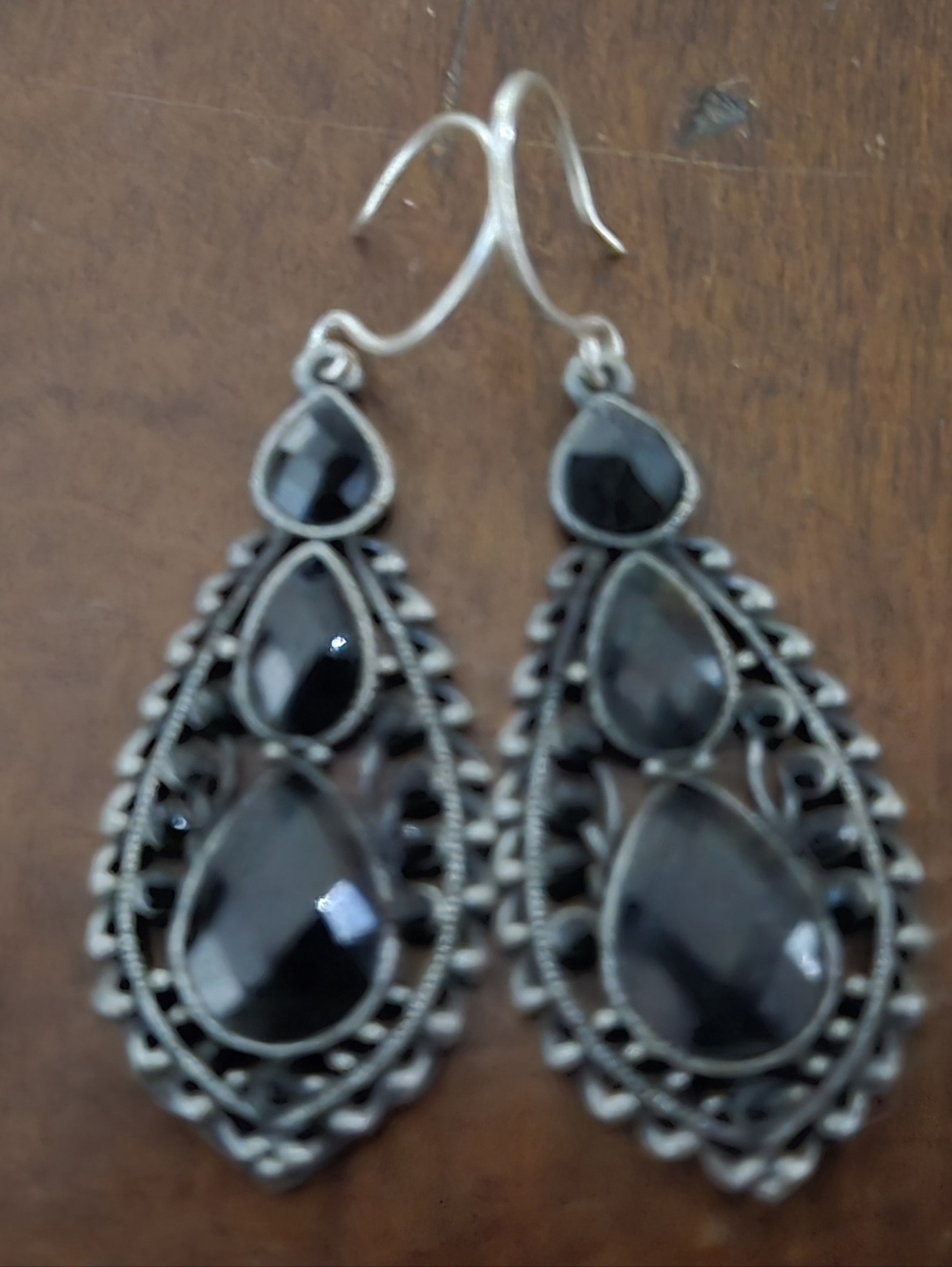 Ornate Black & Silver Teardrop Earrings